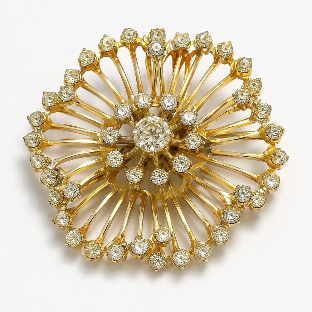 Vintage Signed BSK Gold Tone 3D Layered Rhinestone Starburst Brooch Pin 1.75"